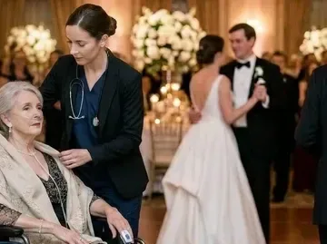 A compassionate nurse attending to a guest at an elegant formal event